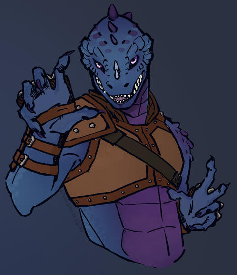 character portrait of "na'zeyti", a lizard-like scalie in leather armor in a defensive pose