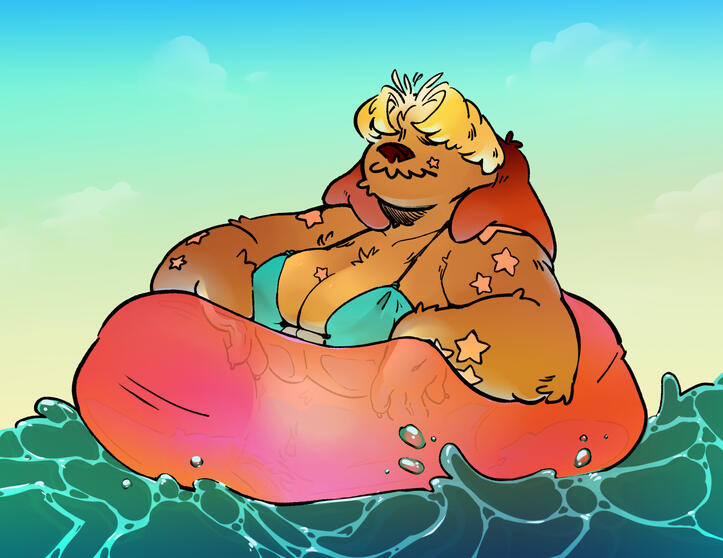 a shaggy dog fursona named "barli" is relaxing in an inner tube on open water