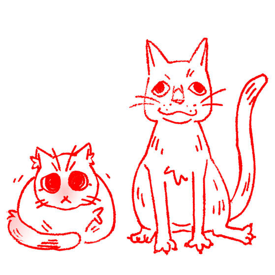 a simple sketch of two cats. one is small, grumpy and round. the other is tall and goofy looking with one of its legs sticking out