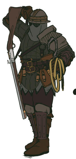 a type of bounty hunter or "man-catcher" in late medieval period armor. they are wearing a helmet with chain mail visor that covers their face. in one hand holding a hook attached to rope and the other slinging a flintlock musket over their shoulder