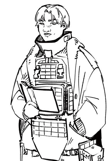 sketch of a middle aged woman in a large winter coat and heavy tactical gear. she is holding an open book and is sternly looking at the viewer.