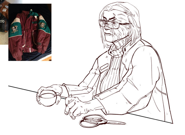 portrait of a heavily scarred woman wearing a heavy jacket. she holds a small coffee cup in one hand and seems restless and lost in thought. a pair of garden shears rest on the table in front of her.