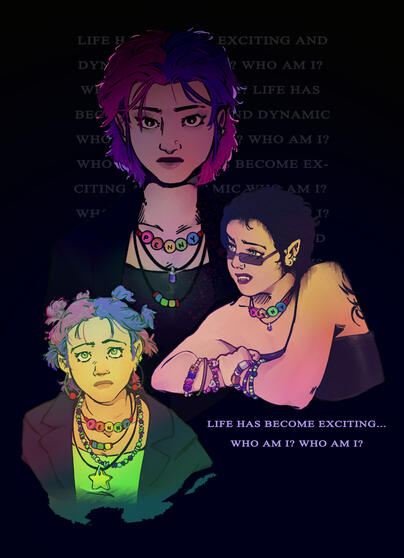 three portraits of the same character named "penny" that capture a loss of innocence. the lyrics from the song "psychopomp" by thank you scientist are incorporated into the piece.