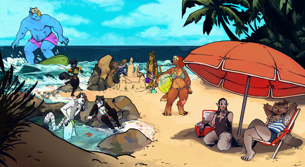 a large painting depicting multiple characters at the beach. from left to right: dota2 (giant blue rhino), talia (dog), dalton (lemur) and zoloft (opossum), ewma (cat) and lucas (monkey), barli (dog), fog (slime) and kodie (pallas cat).