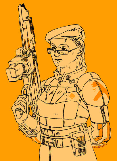 a woman in uniform from the half life 2 setting. she is wearing a beret and various personal pins on her lapel. she stands at attention with some sort of energy rifle under one arm