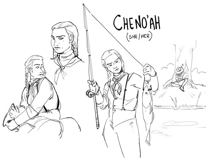 various sketches of a cowboy character named "cheno'ah"; a modest, reserved young woman in neat twin braids