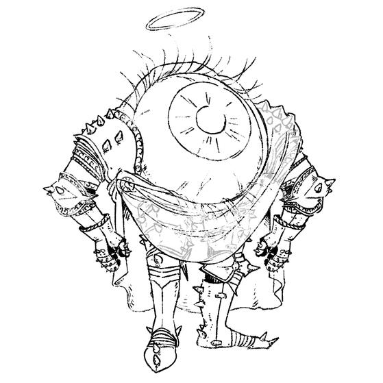 a giant eyeball celestial with a halo and knightly armor with spikes. it has a semi-opaque cape draped over one shoulder