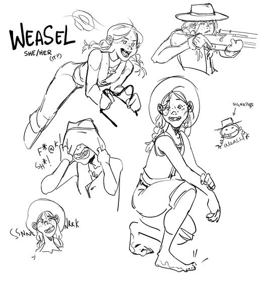 various sketches of a cowboy character named "weasel"; a girl with loose twin braids and a lot of whimsy