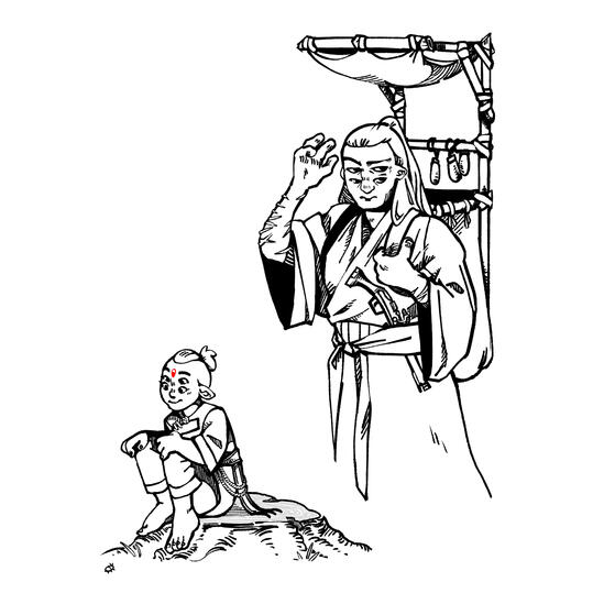 two sketches of characters of the 'nomad' species. notable features of the species are their droopy round ears and four eyes. on the left is a small child sitting on a tree stump looking at a bug. the right is a samurai-type character wearing a backpack