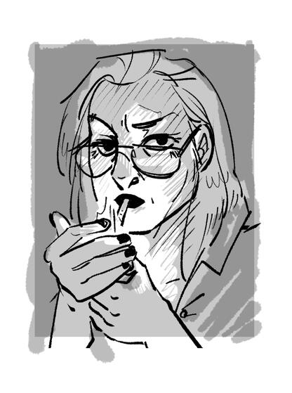 a sketch of a middle aged woman who wears glasses lighting a cigarette in her mouth. she has a judgemental expression on her face.