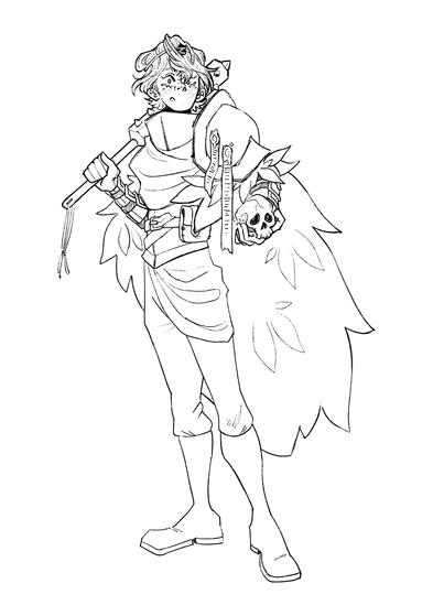 sketch of a pompous cleric in oversized armor and large feather cape. he has a large spiked club in one hand and a human skull in the other.