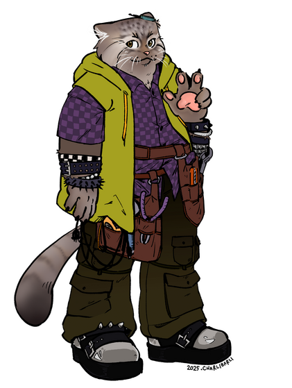 a fluffy pallas cat fursona named "kodie" waving casually at the viewer. kodie is wearing cargo pants, a purple checkered button up shirt with a sleeveless sweater over it, stacked punk bracelets, and a belt with various tools. there is a screwdriver behin