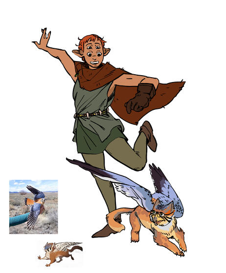 a young woman with four eyes is almost knocked over by her small griffon companion. the woman has short cropped hair, four eyes, droopy ears, and wearing a tunic and cape. the small griffon is something of a cross between a cat and a predator bird.