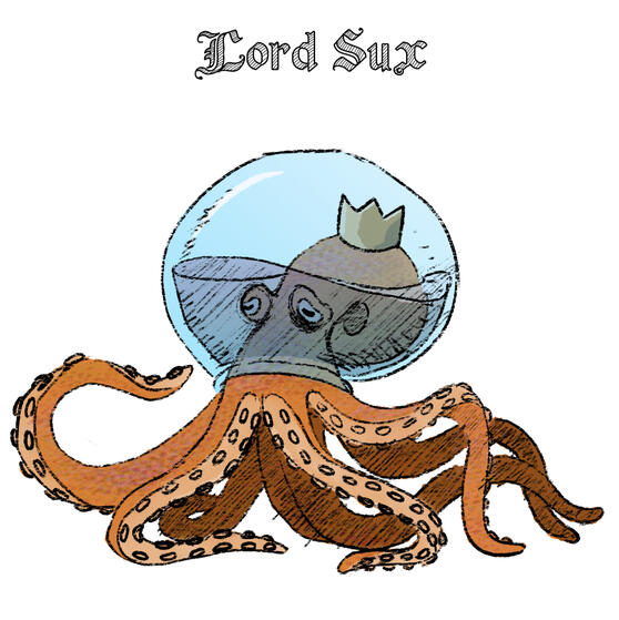 "lord sux" is an orange octopus wearing a small crown and a fish-bowl with some water sloshing around in it.