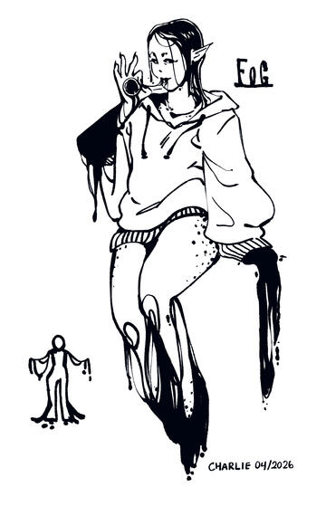 sketch of a character named fog. fog has an oozy look to them and is dripping with dark ichor. they have a speckled complexion, pointy ears and their hair looks wet. fog is blowing a bubble with one of their hands.
