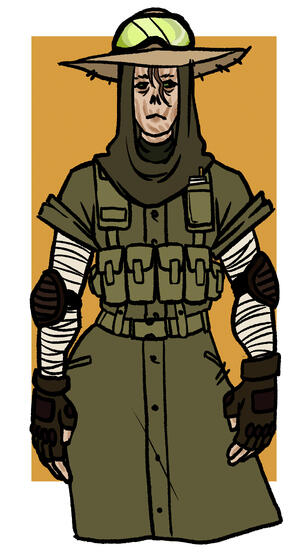 sketch of a ghoul character who is dressed like a sort of gardener. they are wearing a wide brimmed hat with goggles sitting on top, a tactical vest with cigarettes in one of the pockets, their arms are wrapped in bandages and are wearing elbow pads