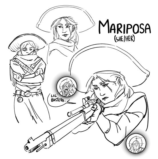 sketches of a cowboy character named "mariposa". she looks tired and laid back.