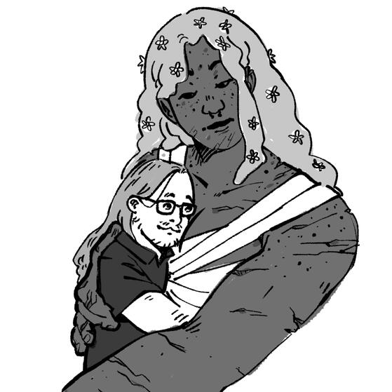 two characters are embracing in a hug. one of the characters, "moss", is a large statue-like woman with cracked skin and moss for hair. the second character is my friend paolo. they have their head to moss' chest and is smiling