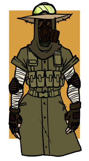 sketch of a ghoul character who is dressed like a sort of gardener. in this version the character is wearing a gas mask. they are wearing a wide brimmed hat with goggles, a tactical vest, their arms are wrapped in bandages and wearing elbow pads