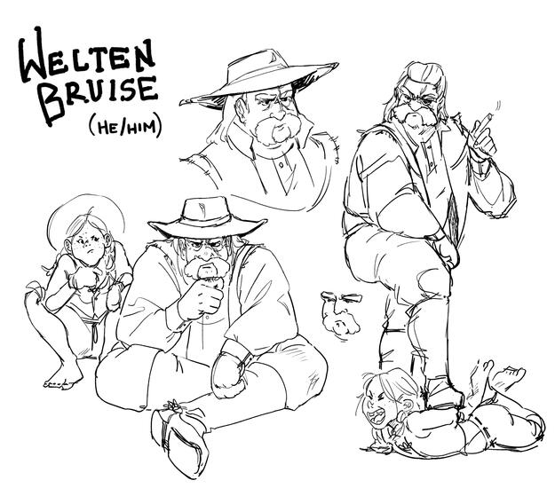 various sketches of a cowboy character named "welten bruise". he is a stern and somewhat grumpy looking character.