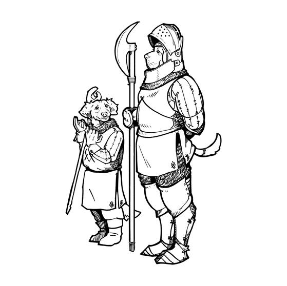 a sketch of two dog knights. the smaller one of the two looks up to the other with an exited expression on her face. she is signing the word "play" in american sign language. the other dog knight stands stoically at attention. he looks to his companion