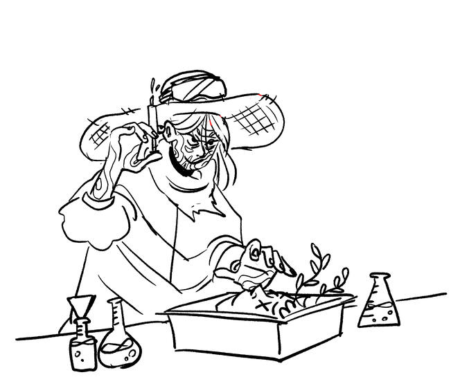 a sketch of a mad scientist with a devious grin. the scientist's skin is scarred over and they're wearing a baggy gardening outfit. they are holding a syringe in one hand over a table with various beakers of fluid and a deep tray with a severed head