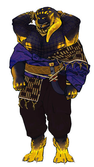 a species design for an online role play community called midnight arriving. the "hakkan" has aquatic features such as fins, tentacles, and feet like a turtle. they are wrapped in various textiles and are wearing gold jewelry. they have a jambiya knife