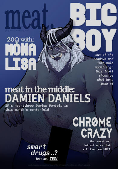 a fake magazine cover for a called "meat". the magazine features a large troll man named big boy in the nude with his penis censored. there are various headlines depicting fake articles that can be found in the magazine.