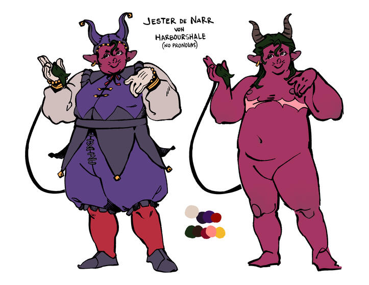 a character design for a tiefling named "jester de narr von harbourshale". there are two versions of the character; on the left is the character in a jester's outfit decorated with frills and bells and on the right is the character in the nude.