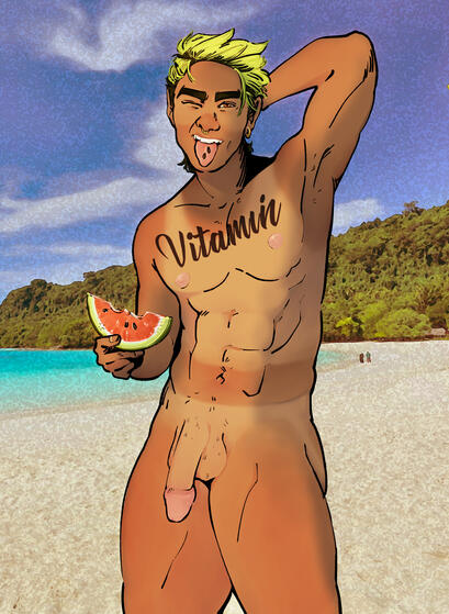 a playful young man on the beach in the nude. he poses and winks at the camera with his tongue out. he is holding a slice of watermelon and there are seeds on his tongue. he has visible tan lines and a chest tattoo of his name that reads "vitamin"