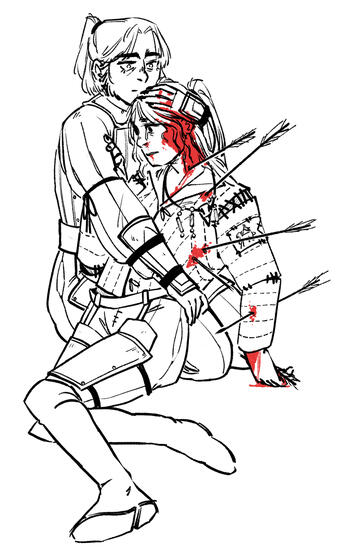 Two young women embrace in a pose similar to the painting Ivan the Terrible and His Son Ivan. The two characters are wearing gambeson and leather armor. The character being held has been shot with multiple arrows and is bleeding. both look very upset.