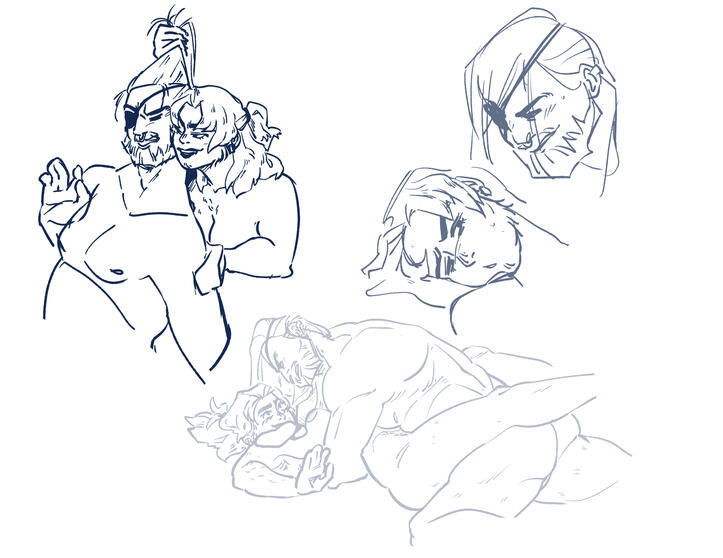three sketches of the same couple naked. left: one character is pulling the other's hair in a teasing way. middle: the character having their hair pulled has pinned down the other. right: expressions of both characters hot and flustered