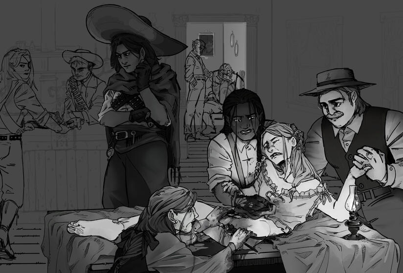 in a home from the late 1890s a young woman has a bullet surgically removed from her hip by an older woman with horse farrier tools. other characters in the scene are in various states of shock and grief. some look away unable to stomach the scene